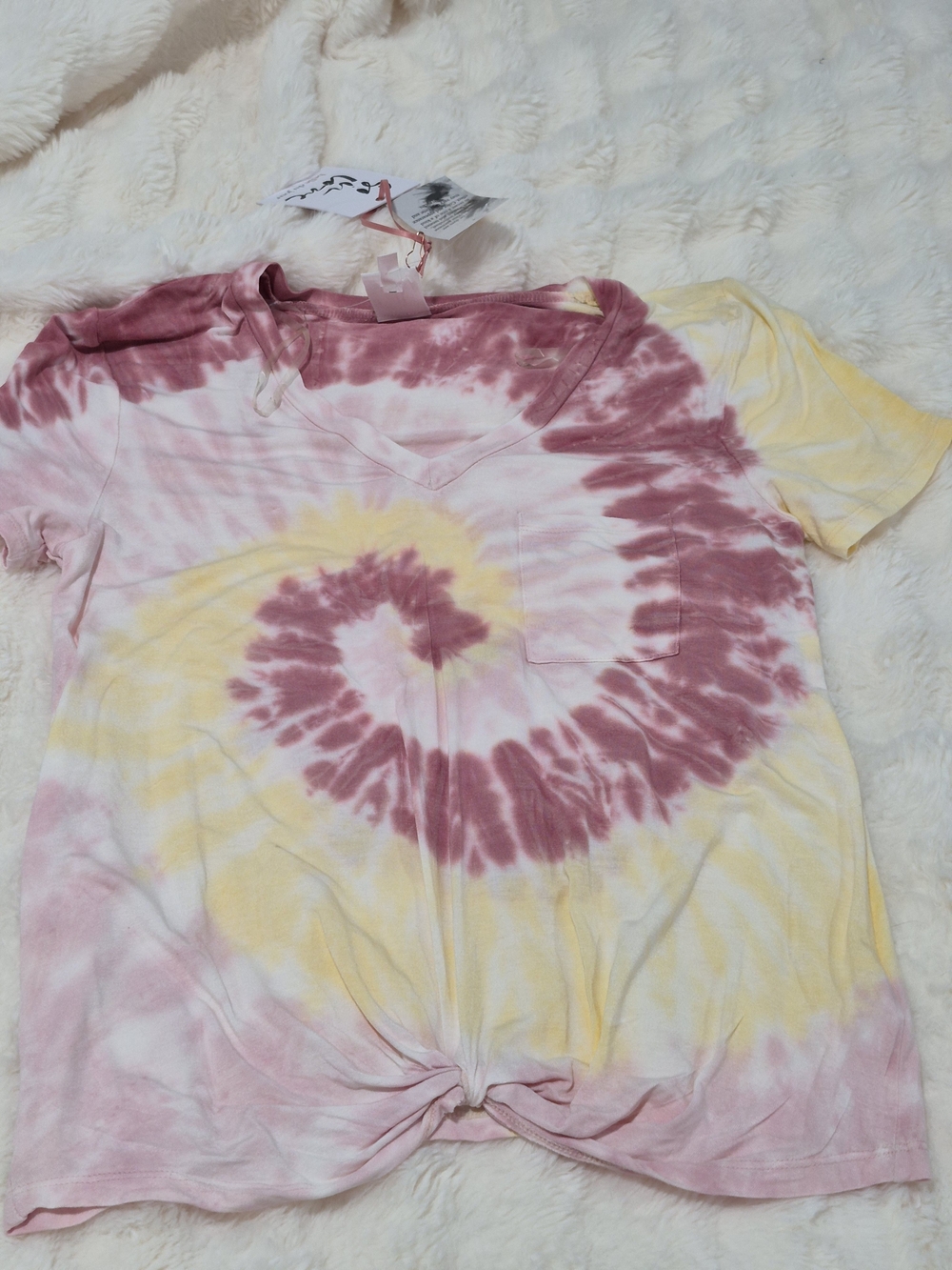 Belle Du Jour Pink & Yellow Tie-Dye V-Neck Short Sleeve Top